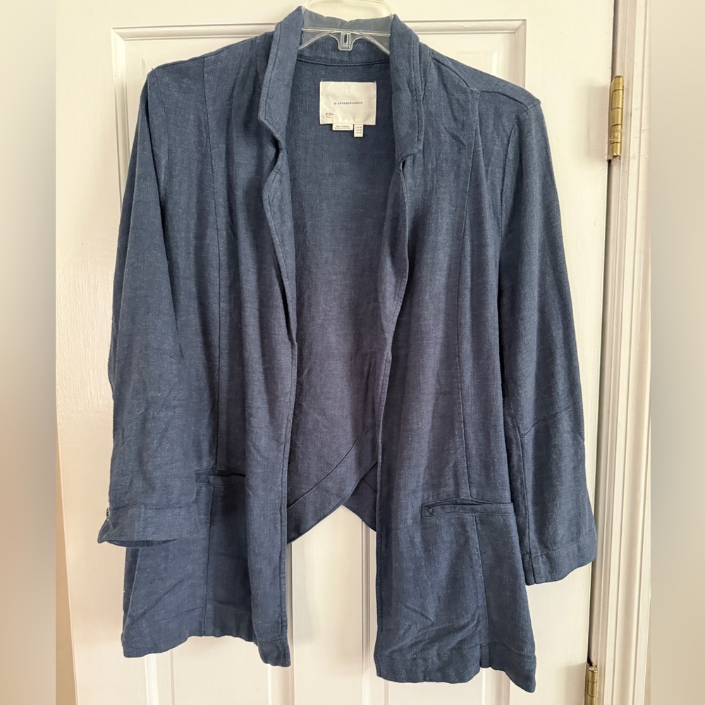 Women's Blue Anthropologie Jacket with split hem shaping on back. Size 12